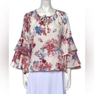 MISA Los Angeles Blouse Bell Sleeve Floral Print USA V-Neckline Ruffle Size S